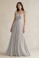 Ruffled Spaghetti Strap Chiffon A - Line Bridesmaid Dress in Silver - SHE IS ME Bridesmaid Dresses