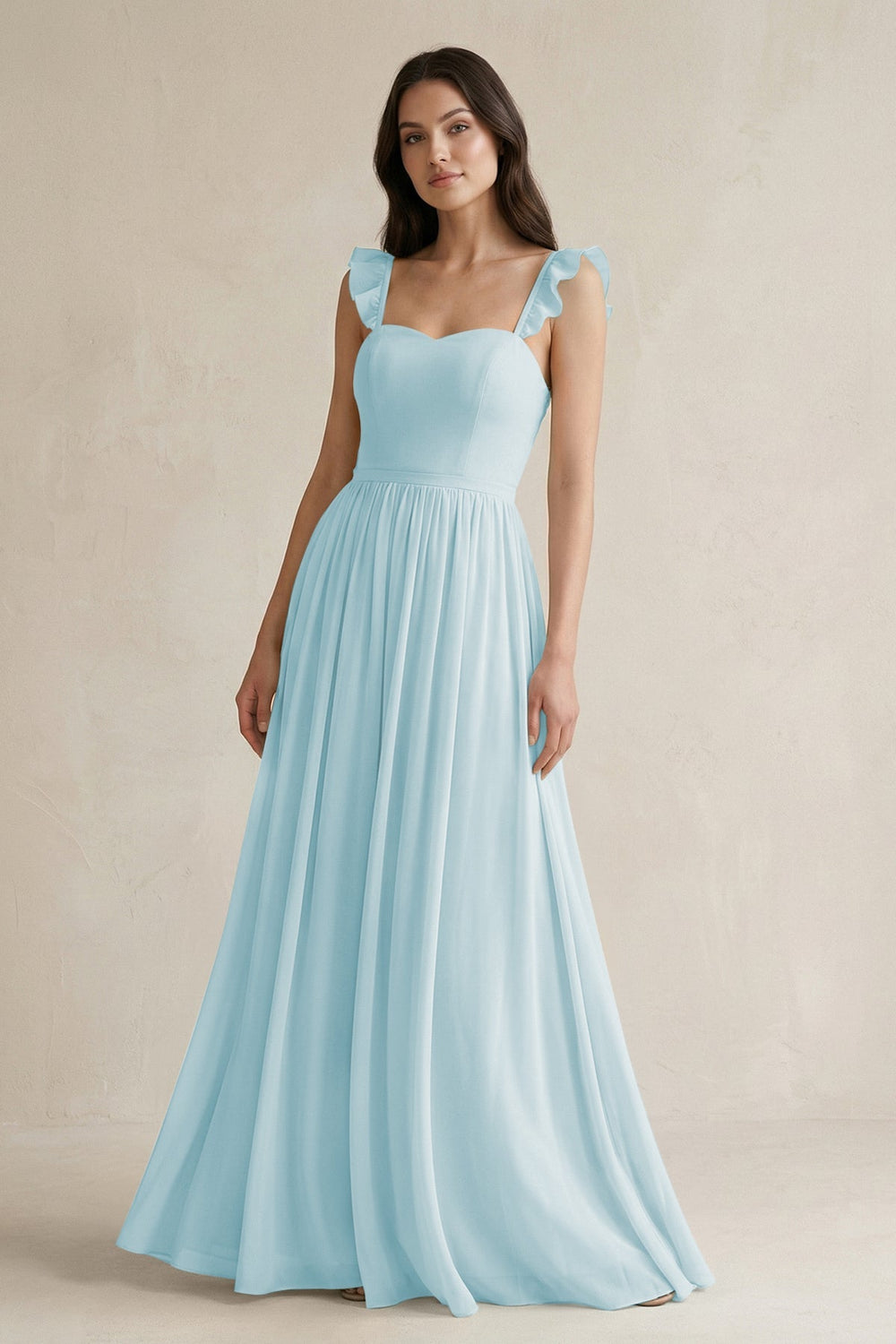Ruffled Spaghetti Strap Chiffon A - Line Bridesmaid Dress in Sky Blue - SHE IS ME Bridesmaid Dresses