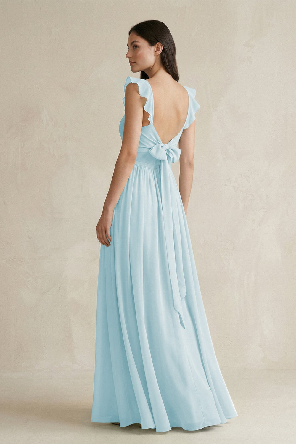 Ruffled Spaghetti Strap Chiffon A - Line Bridesmaid Dress in Sky Blue - SHE IS ME Bridesmaid Dresses