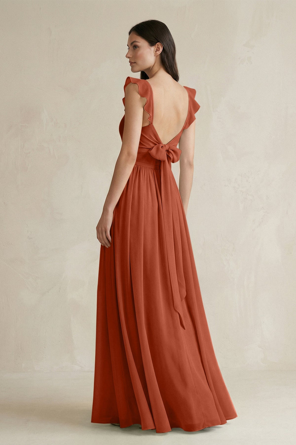 Ruffled Spaghetti Strap Chiffon A - Line Bridesmaid Dress in Spice - SHE IS ME Bridesmaid Dresses