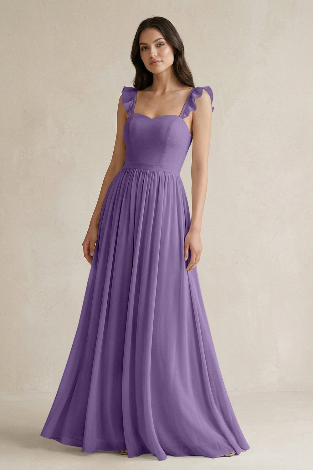 Ruffled Spaghetti Strap Chiffon A - Line Bridesmaid Dress in Tahiti - SHE IS ME Bridesmaid Dresses