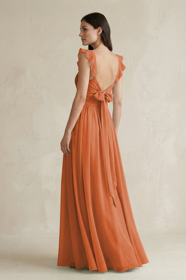 Ruffled Spaghetti Strap Chiffon A - Line Bridesmaid Dress in Terracotta - SHE IS ME Bridesmaid Dresses