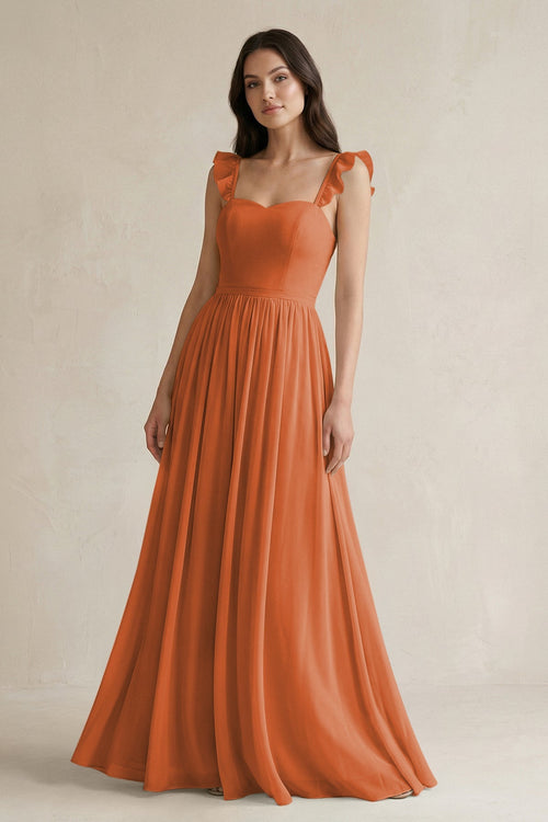 Ruffled Spaghetti Strap Chiffon A - Line Bridesmaid Dress in Terracotta - SHE IS ME Bridesmaid Dresses