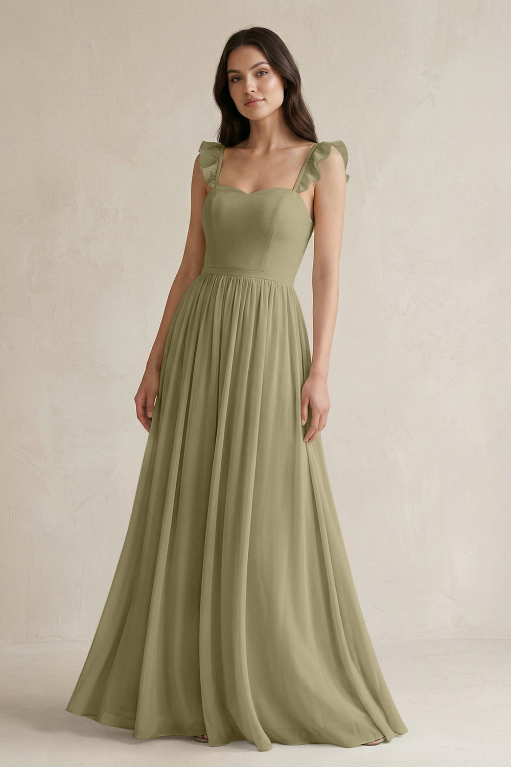 Ruffled Spaghetti Strap Chiffon A - Line Bridesmaid Dress in Thyme - SHE IS ME Bridesmaid Dresses