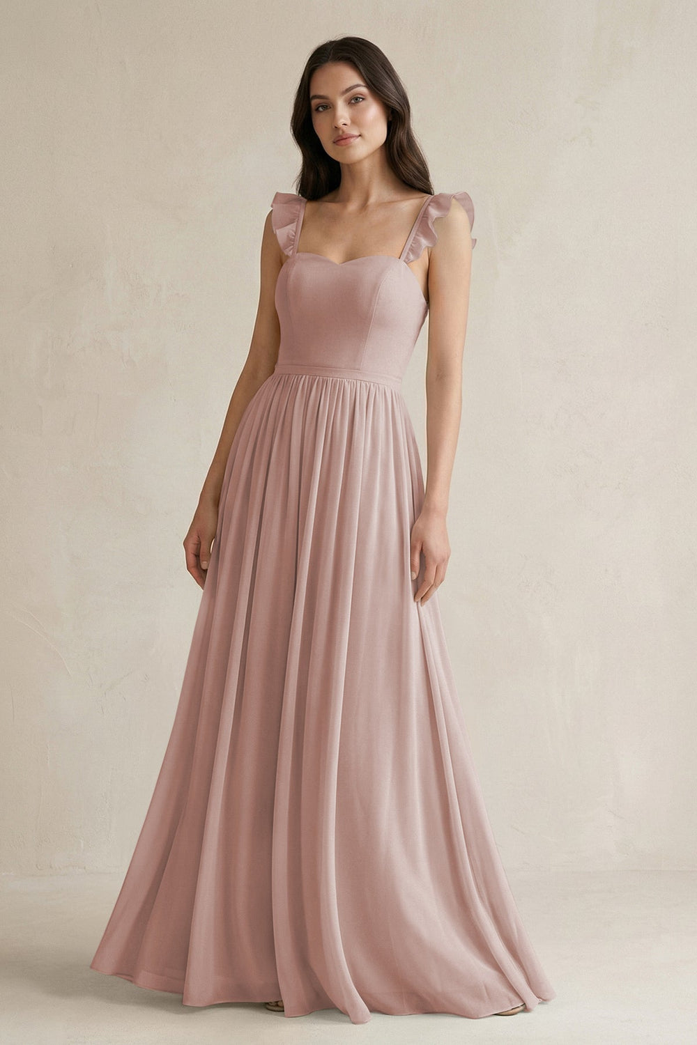 Ruffled Spaghetti Strap Chiffon A - Line Bridesmaid Dress in Toffee - SHE IS ME Bridesmaid Dresses