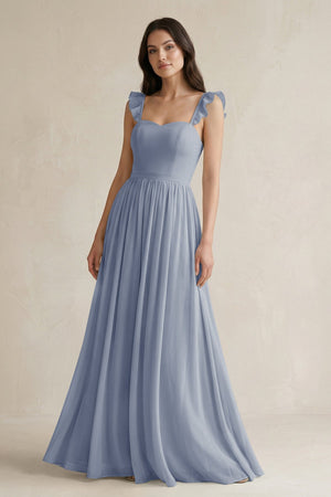 Ruffled Spaghetti Strap Chiffon A - Line Bridesmaid Dress in Twilight - SHE IS ME Bridesmaid Dresses