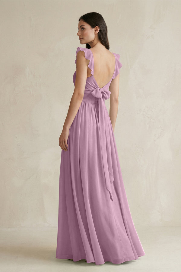 Ruffled Spaghetti Strap Chiffon A - Line Bridesmaid Dress in Wisteria - SHE IS ME Bridesmaid Dresses