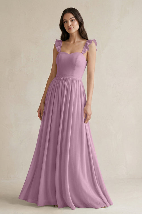 Ruffled Spaghetti Strap Chiffon A - Line Bridesmaid Dress in Wisteria - SHE IS ME Bridesmaid Dresses
