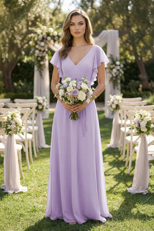 Ruffled V-Neck Chiffon A-Line Bridesmaid Dress in Lavender - SHE IS ME BRIDESMAID DRESSES