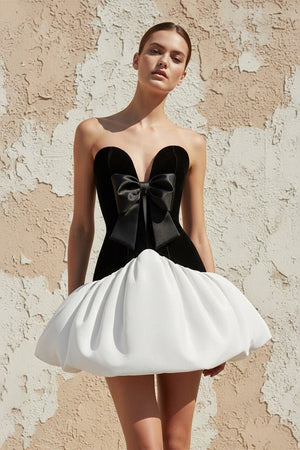 Satin and Velvet Corset Mini Dress in Black and White - SHE IS ME