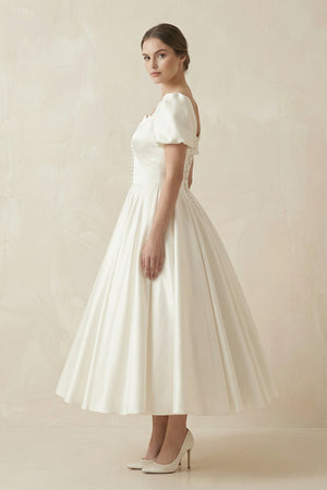 Satin Square Neck Short Sleeve Lace Up Wedding Dress in Ivory - SHE IS ME Wedding Dresses