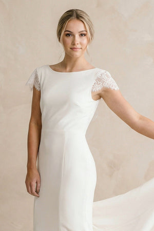 Sheath Bateau Neck Cap Sleeve Ivory Satin Wedding Dress - SHE IS ME Wedding Dresses