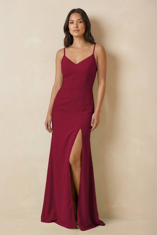 Sheath Cami Strap Chiffon Bridesmaid Dress with Slit in Berry - SHE IS ME Bridesmaid Dresses