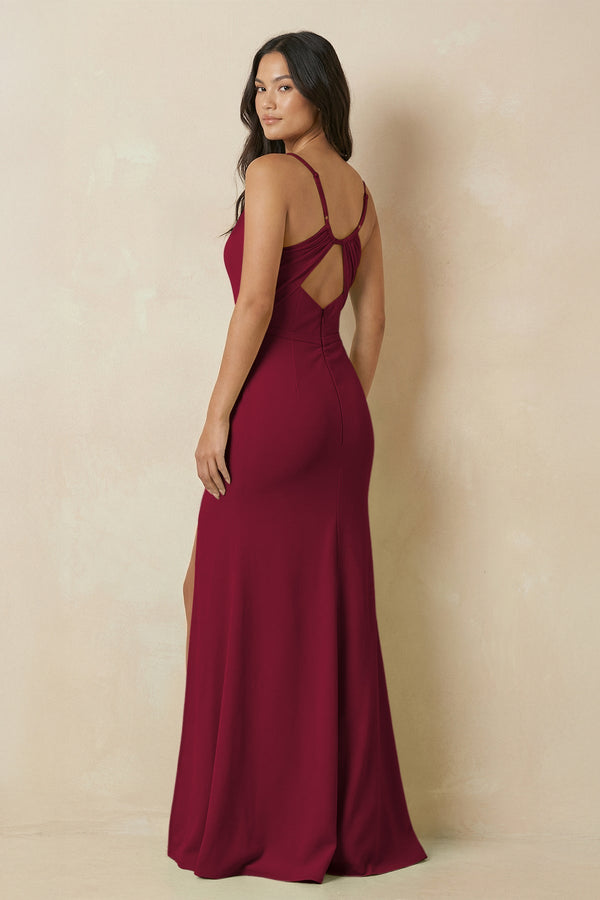 Sheath Cami Strap Chiffon Bridesmaid Dress with Slit in Berry - SHE IS ME Bridesmaid Dresses