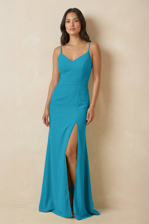 Sheath Cami Strap Chiffon Bridesmaid Dress with Slit in Blue Jay - SHE IS ME Bridesmaid Dresses
