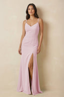 Sheath Cami Strap Chiffon Bridesmaid Dress with Slit in Candy Pink - SHE IS ME Bridesmaid Dresses