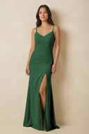 Sheath Cami Strap Chiffon Bridesmaid Dress with Slit in Dark Green - SHE IS ME Bridesmaid Dresses