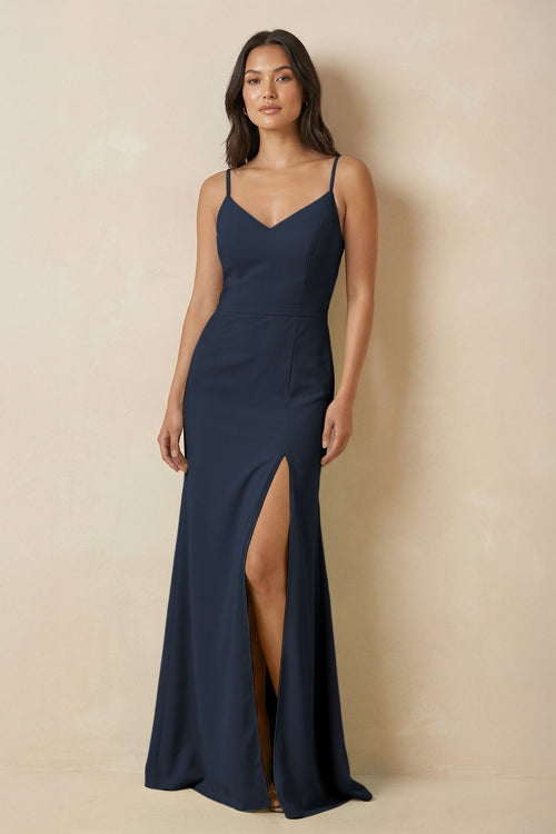 Sheath Cami Strap Chiffon Bridesmaid Dress with Slit in Dark Navy - SHE IS ME Bridesmaid Dresses