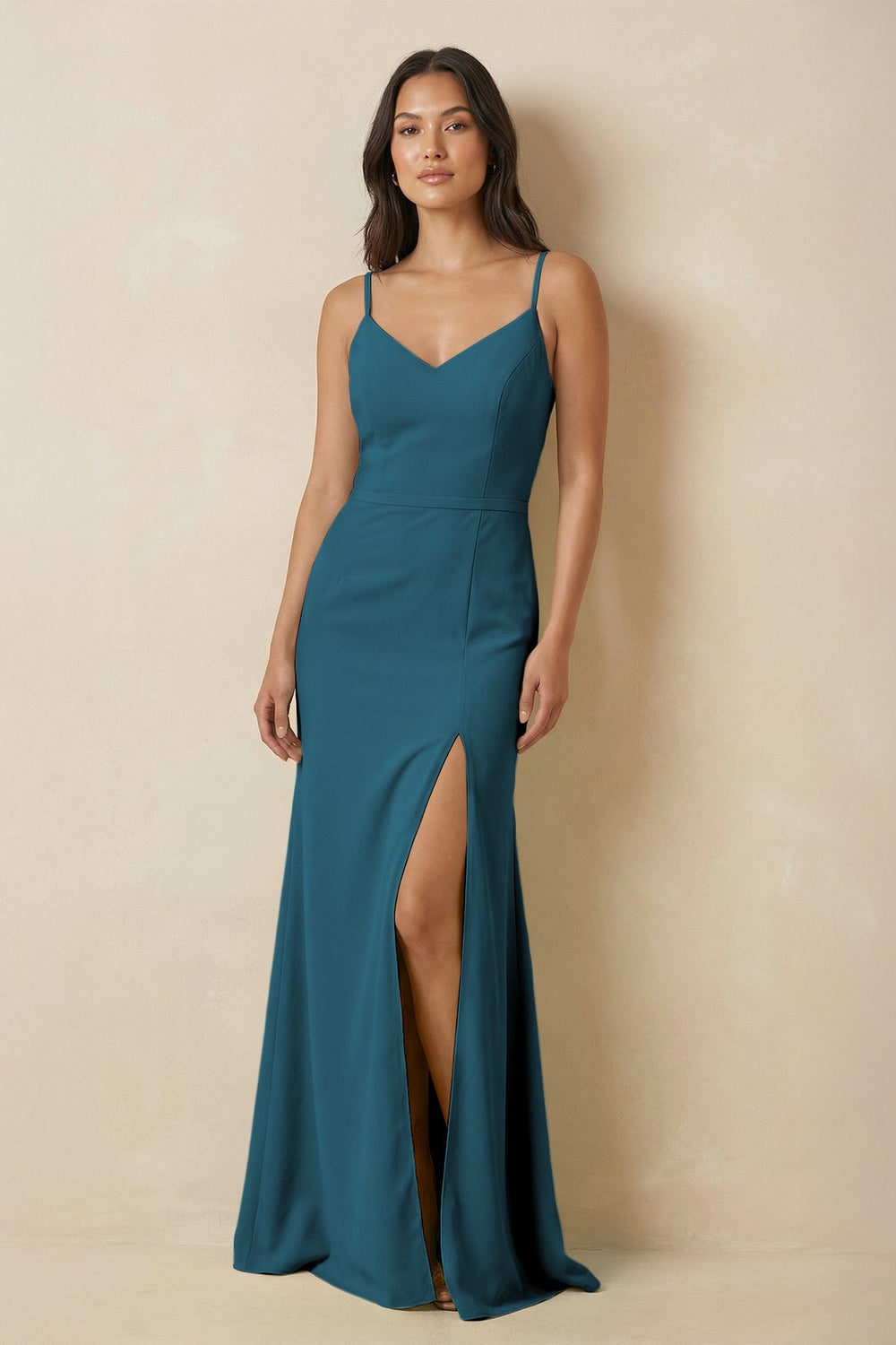 Sheath Cami Strap Chiffon Bridesmaid Dress with Slit in Dark Teal - SHE IS ME Bridesmaid Dresses