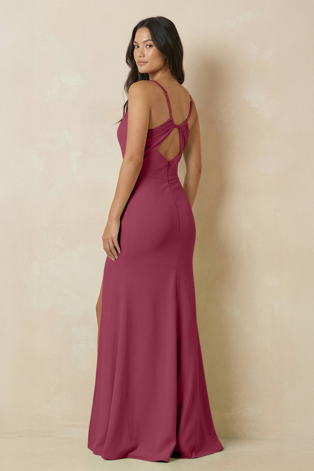 Sheath Cami Strap Chiffon Bridesmaid Dress with Slit in Desert Rose - SHE IS ME Bridesmaid Dresses