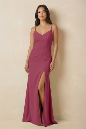Sheath Cami Strap Chiffon Bridesmaid Dress with Slit in Desert Rose - SHE IS ME Bridesmaid Dresses