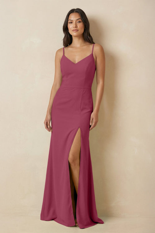 Sheath Cami Strap Chiffon Bridesmaid Dress with Slit in Desert Rose - SHE IS ME Bridesmaid Dresses