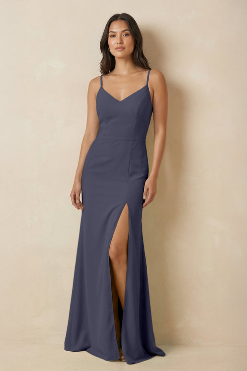 Sheath Cami Strap Chiffon Bridesmaid Dress with Slit in Dusk Blue - SHE IS ME Bridesmaid Dresses