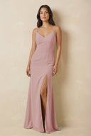 Sheath Cami Strap Chiffon Bridesmaid Dress with Slit in Dusty Rose - SHE IS ME Bridesmaid Dresses