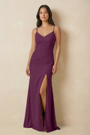 Sheath Cami Strap Chiffon Bridesmaid Dress with Slit in Fig - SHE IS ME Bridesmaid Dresses