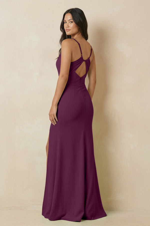 Sheath Cami Strap Chiffon Bridesmaid Dress with Slit in Fig - SHE IS ME Bridesmaid Dresses