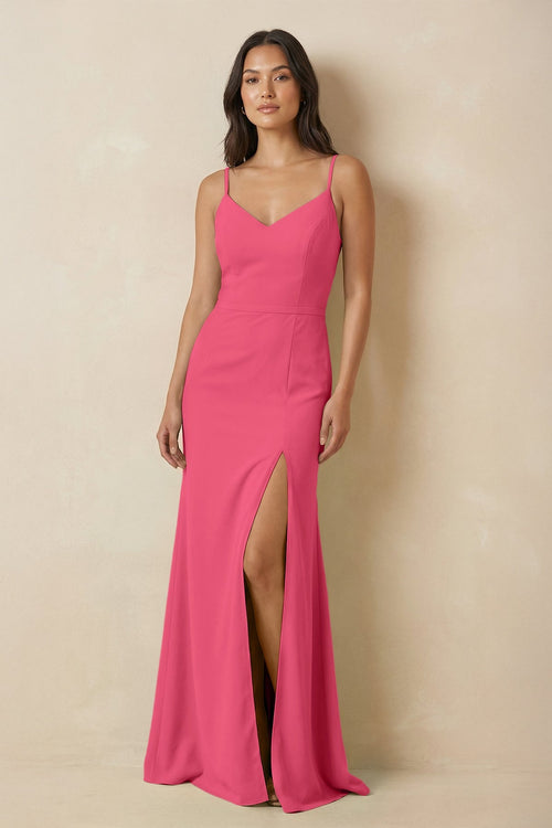 Sheath Cami Strap Chiffon Bridesmaid Dress with Slit in Fuchsia - SHE IS ME Bridesmaid Dresses
