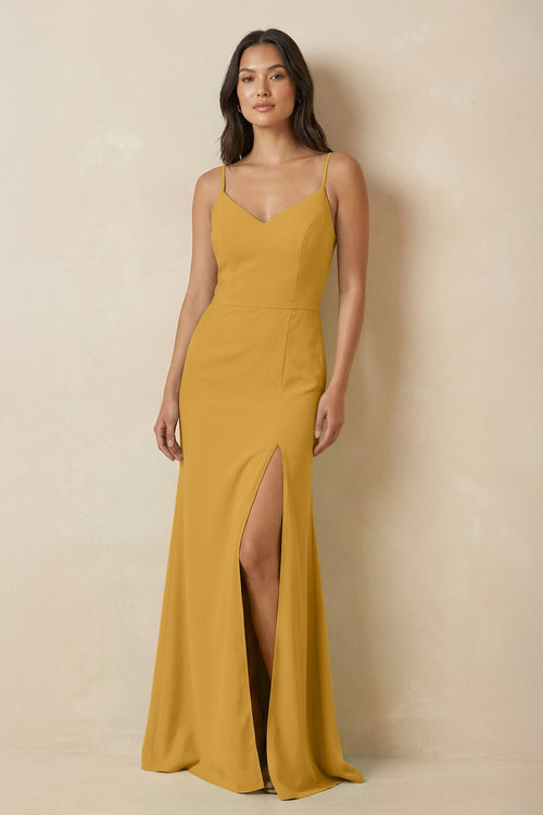 Sheath Cami Strap Chiffon Bridesmaid Dress with Slit in Marigold - SHE IS ME Bridesmaid Dresses