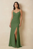 Sheath Cami Strap Chiffon Bridesmaid Dress with Slit in Moss - SHE IS ME Bridesmaid Dresses