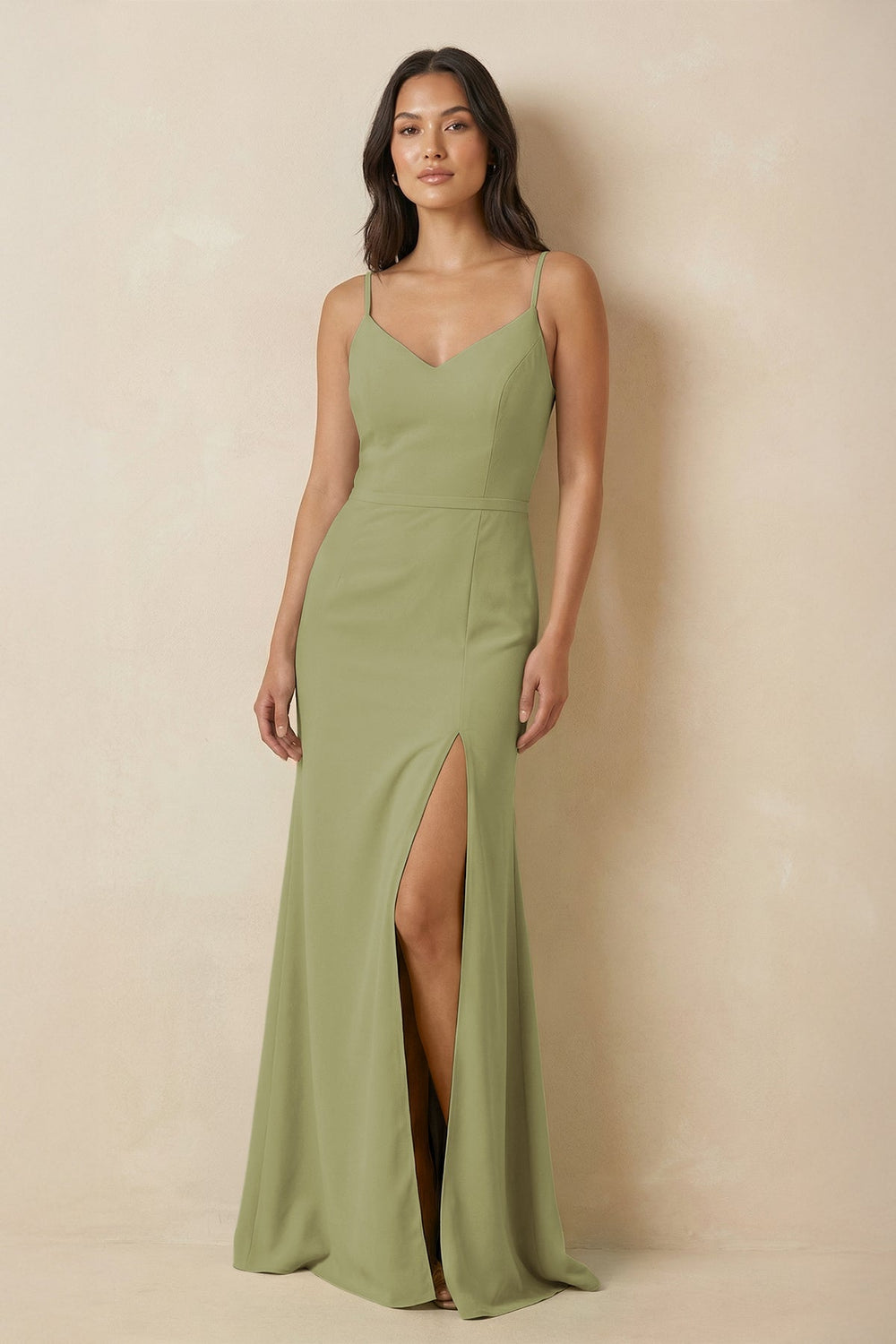 Sheath Cami Strap Chiffon Bridesmaid Dress with Slit in Moss Green - SHE IS ME Bridesmaid Dresses
