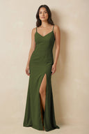 Sheath Cami Strap Chiffon Bridesmaid Dress with Slit in Olive - SHE IS ME Bridesmaid Dresses