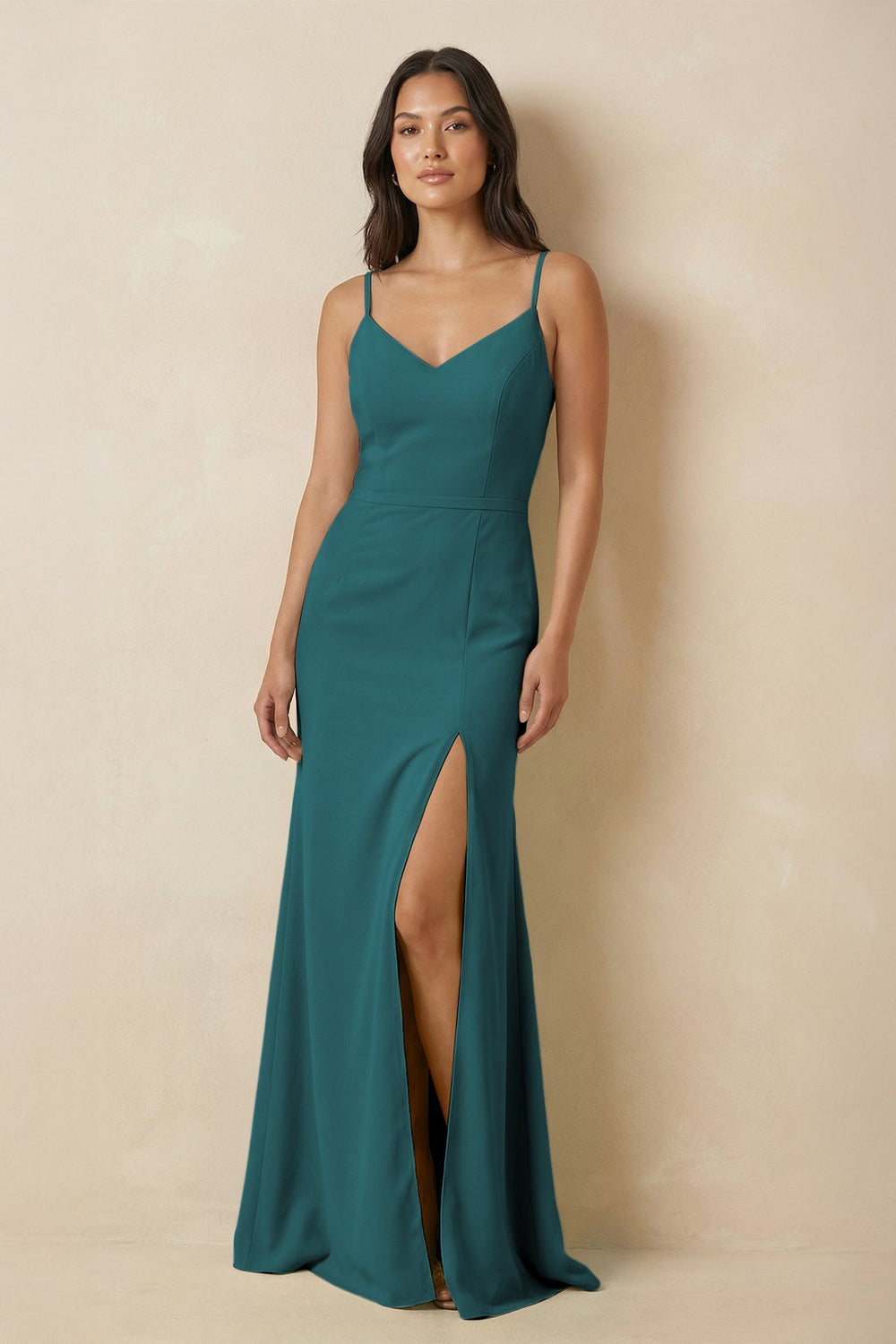Sheath Cami Strap Chiffon Bridesmaid Dress with Slit in Pine - SHE IS ME Bridesmaid Dresses