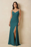 Sheath Cami Strap Chiffon Bridesmaid Dress with Slit in Pine - SHE IS ME Bridesmaid Dresses