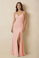Sheath Cami Strap Chiffon Bridesmaid Dress with Slit in Rose Petal - SHE IS ME Bridesmaid Dresses