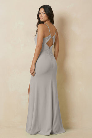 Sheath Cami Strap Chiffon Bridesmaid Dress with Slit in Silver - SHE IS ME Bridesmaid Dresses