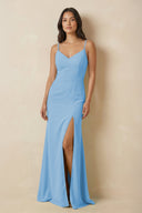 Sheath Cami Strap Chiffon Bridesmaid Dress with Slit in Steel Blue - SHE IS ME Bridesmaid Dresses