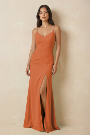 Sheath Cami Strap Chiffon Bridesmaid Dress with Slit in Terracotta - SHE IS ME Bridesmaid Dresses