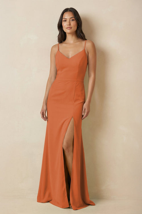 Sheath Cami Strap Chiffon Bridesmaid Dress with Slit in Terracotta - SHE IS ME Bridesmaid Dresses