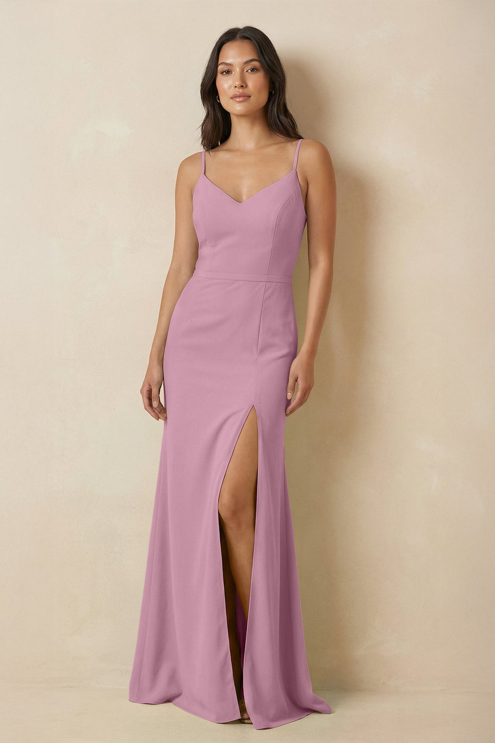 Sheath Cami Strap Chiffon Bridesmaid Dress with Slit in Vintage Mauve - SHE IS ME Bridesmaid Dresses