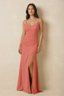 Sheath Cami Strap Chiffon Bridesmaid Dress with Slit in Wild Rose - SHE IS ME Bridesmaid Dresses