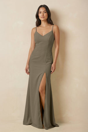 Sheath Cami Strap Chiffon Bridesmaid Dress with Slit in Willow Green - SHE IS ME Bridesmaid Dresses