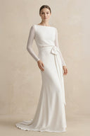 Sheath Chiffon Bateau Long Sleeve Wedding Dress in White - SHE IS ME Wedding Dresses
