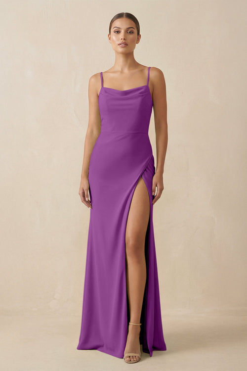 Sheath Spaghetti Straps Chiffon Long Bridesmaid Dress in Amethyst - SHE IS ME Bridesmaid Dresses