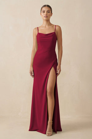 Sheath Spaghetti Straps Chiffon Long Bridesmaid Dress in Berry - SHE IS ME Bridesmaid Dresses