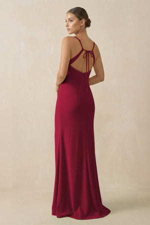 Sheath Spaghetti Straps Chiffon Long Bridesmaid Dress in Berry - SHE IS ME Bridesmaid Dresses