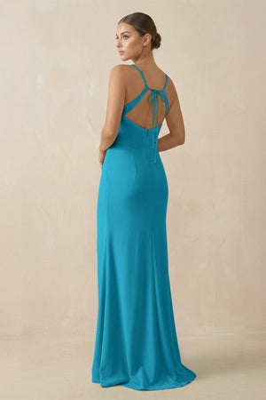 Sheath Spaghetti Straps Chiffon Long Bridesmaid Dress in Blue Jay - SHE IS ME Bridesmaid Dresses
